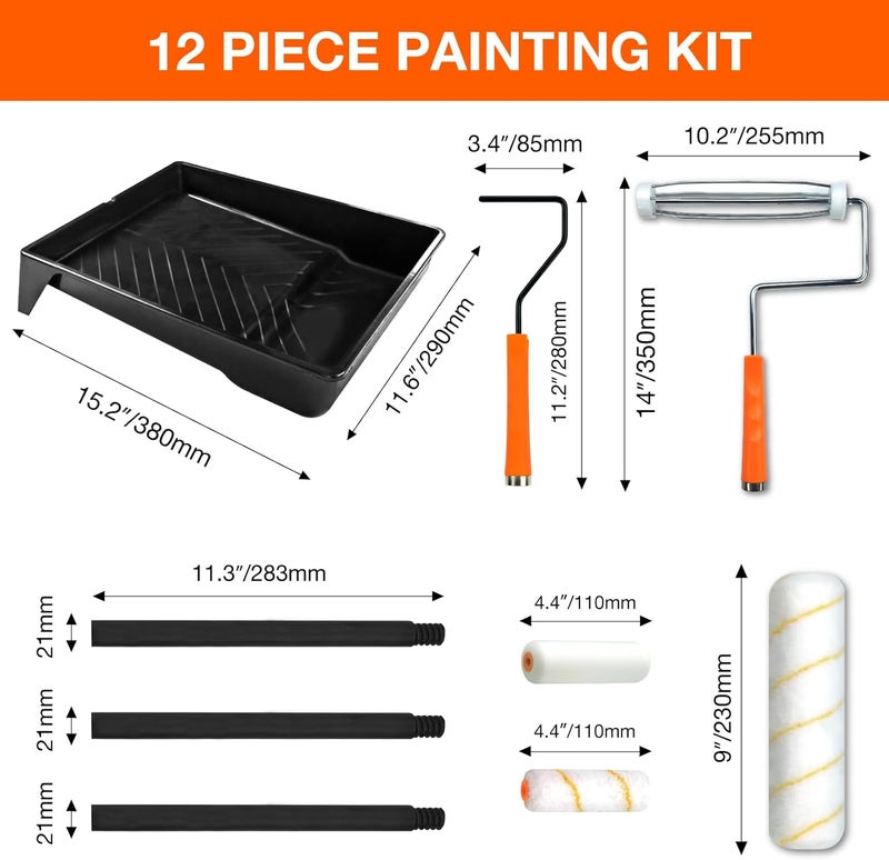 KingOrigin King Origin Paint Roller Kit with Extension Pole (3 ft), 9" & 4" Paint Rollers, Frame, Tray - 12-Piece Paint Supplies for Painting Walls, Home Interior - Image 2